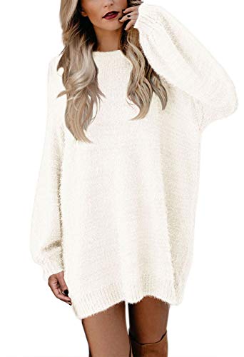 Viottiset Damen Mini Pulloverkleid Rundhals Lange Pullover Übergroßer Langarm Nachahmung Nerz Pelziger Beige Weiss M von Viottiset
