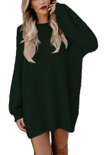 Viottiset Damen Mini Pulloverkleid Rundhals Lange Pullover Übergroßer Langarm Nachahmung Nerz Pelziger Dunkelgrün S von Viottiset