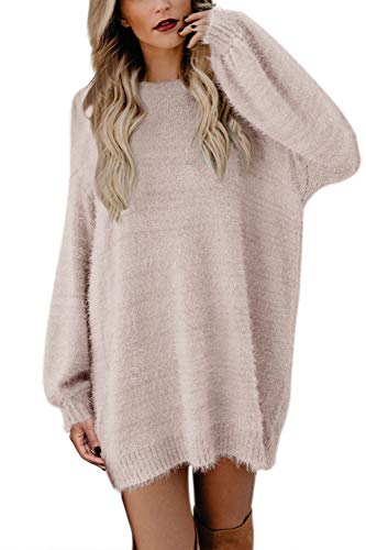 Viottiset Damen Mini Pulloverkleid Rundhals Lange Pullover Übergroßer Langarm Nachahmung Nerz Pelziger Winter Aprikose S von Viottiset