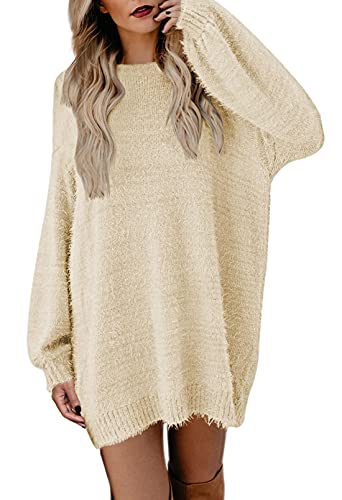 Viottiset Damen Mini Pulloverkleid Rundhals Lange Pullover Übergroßer Langarm Nachahmung Nerz Pelziger Winter Beige S von Viottiset