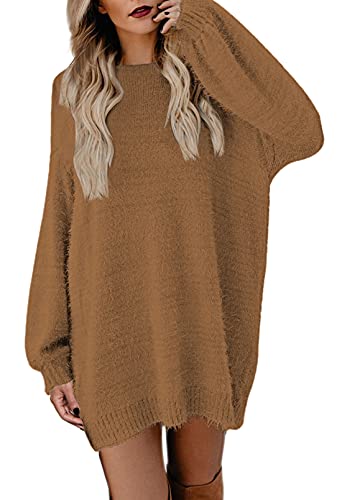 Viottiset Damen Mini Pulloverkleid Rundhals Lange Pullover Übergroßer Langarm Nachahmung Nerz Pelziger Winter Braun S von Viottiset