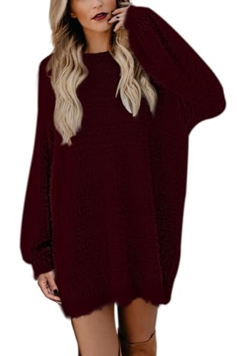Viottiset Damen Mini Pulloverkleid Rundhals Lange Pullover Übergroßer Langarm Nachahmung Nerz Pelziger Winter Rubin L von Viottiset