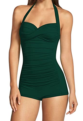 Viottiset Damen Neckholder Einteilig Badeanzug Monokini Bauchkontrolle Twist Front Rüschen Bademode Strand Jaspis L von Viottiset