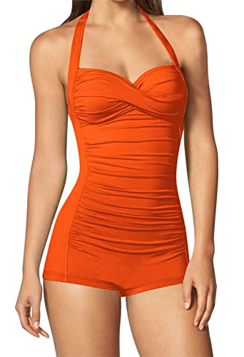 Viottiset Damen Neckholder Einteilig Badeanzug Monokini Bauchkontrolle Twist Front Rüschen Bademode Strand Orange L von Viottiset