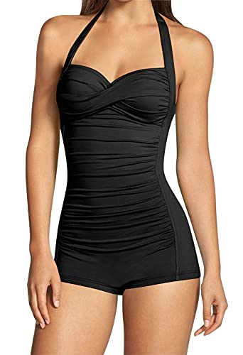 Viottiset Damen Neckholder Einteiliger Badeanzug Bauchkontrolle Twist Gerafft Bademode Monokini Strand Schwarz XL von Viottiset