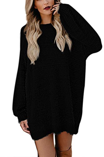 Viottiset Damen Pelziger Rundhalsausschnitt Übergroßer Lockerer Lange Ärmel Pullover Minikleid Gestrickter Schwarz M von Viottiset