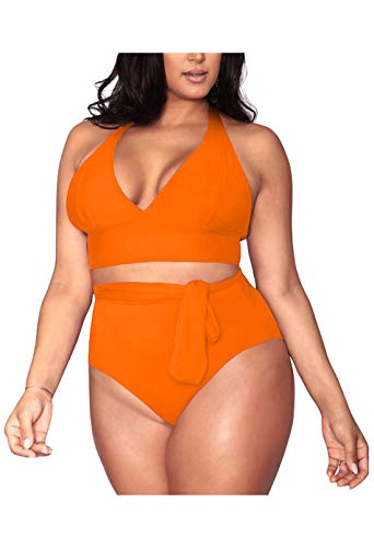 Viottiset Damen Plus Size Einfarbig Bikini Set Bademode Triangle Sexy Hohe Taille Verstellbaren Trägern Orange XX-Large von Viottiset