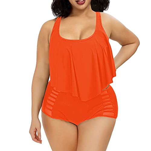 Viottiset Damen Plus Size Bikini Setbademode Tankinis Gerüscht Hohe Taille Gepolstert Strandkleidung Orange XXL von Viottiset