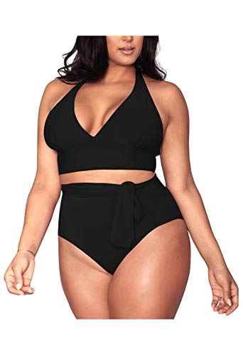 Viottiset Damen Plus Size Einfarbig Bikini Set Bademode Triangle Sexy Hohe Taille Verstellbaren Trägern Schwarz XX-Large von Viottiset