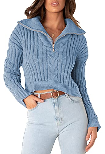 Viottiset Damen Revers Reißverschluss Pullover Kurz Zopfstrick Langarmshirts Lockere Lässige Winter Gerippt Hellblau M von Viottiset