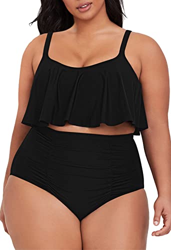 Viottiset Damen Rüschen Plus Size Tankini Set 2-Teiliges Bauchkontrolle Sommer Badeanzüge Strand Bikini Schwarz 3XL von Viottiset