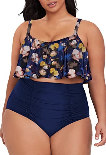 Viottiset Damen Rüschen Plus Size Tankini Set 2-Teiliges Bauchkontrolle Sommer Badeanzüge Strand Bikini Tiefes Blau XL von Viottiset