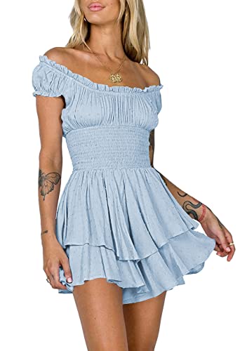 Viottiset Damen Rüschen Shorts Strampler Schulterfrei Swiss Dot Sommer Chiffon A-Linie Party Schicht Jumpsuits Hellblau M von Viottiset