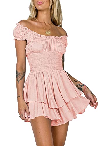 Viottiset Damen Rüschen Shorts Strampler Schulterfrei Swiss Dot Sommer Chiffon A-Linie Party Schicht Jumpsuits Rosa L von Viottiset