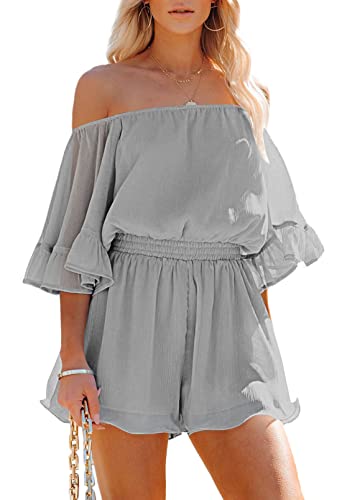 Viottiset Damen Schulterfrei Boho Sommer Strampler Lässig Rüschen Trägerlos Shorts Jumpsuit Spielanzug Süß Grau S von Viottiset