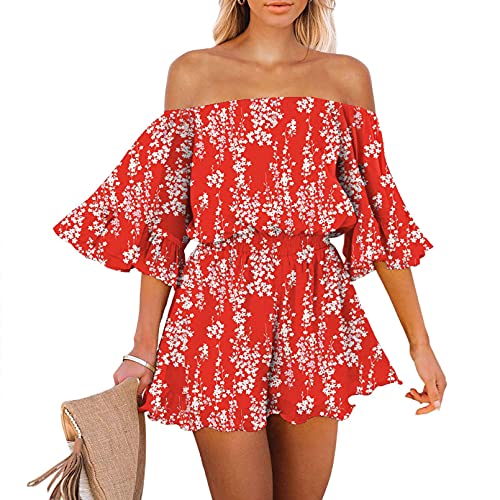 Viottiset Damen Schulterfrei Boho Sommer Strampler Lässig Rüschen Trägerlos Shorts Jumpsuit Spielanzug Süß Rot M von Viottiset