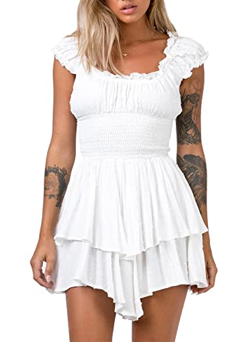 Viottiset Damen Schulterfrei Strand Minikleid Rüschen Overall Chiffon Sommer Party Swiss Dot Jumpsuit Weiß S von Viottiset