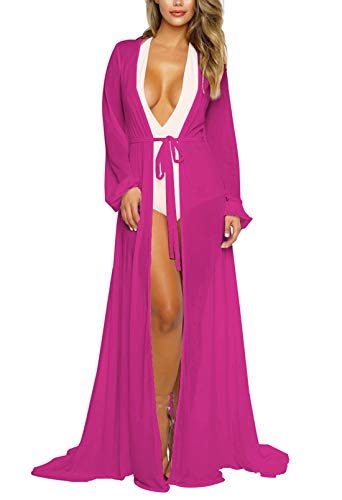 Viottiset Damen Strandkleid Bikini Cover Up Lange Ärmel Sommer Badeanzug Poncho Bademode Strickjacke Ferien Sexy Lila XL von Viottiset