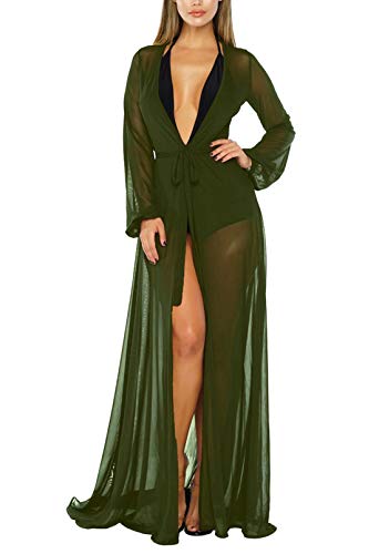 Viottiset Damen Sexy Bikini Vertuschen Maxi Sommerkleid Sommer Strand Badeanzug Pareos Wrap Cardigan Ferien Armeegrün XL von Viottiset