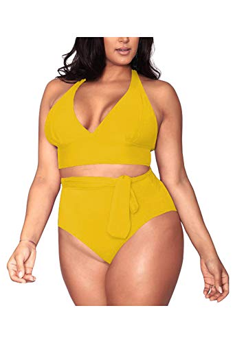 Viottiset Damen Plus Size Einfarbig Bikini Set Bademode Triangle Sexy Hohe Taille Verstellbaren Trägern Gelb XX-Large von Viottiset