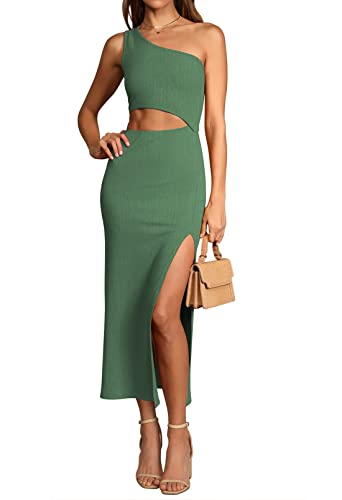 Viottiset Damen Sommer Ärmellos Kleider One Shoulder Seiten Schlitz Bodycon Freizeit Cut Out Maxikleid Strand Grün M von Viottiset