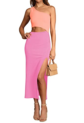 Viottiset Damen Sommer Ärmellos Kleider One Shoulder Seiten Schlitz Bodycon Freizeit Cut Out Maxikleid Strand Rosa Lila XS von Viottiset