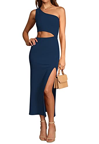 Viottiset Damen Sommer Eine Shoulder Ärmellos Kleider Cut Out Schlitz Freizeit Maxikleid Gerippt Bodycon Dunkelblau M von Viottiset