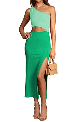 Viottiset Damen Sommer Eine Shoulder Ärmellos Kleider Cut Out Schlitz Freizeit Maxikleid Gerippt Bodycon Grasgrün M von Viottiset