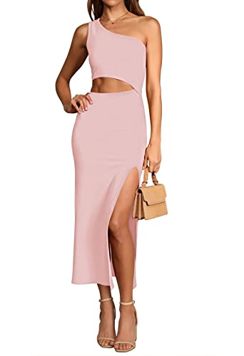 Viottiset Damen Sommer Eine Shoulder Ärmellos Kleider Cut Out Schlitz Freizeit Maxikleid Gerippt Bodycon Rosa XS von Viottiset