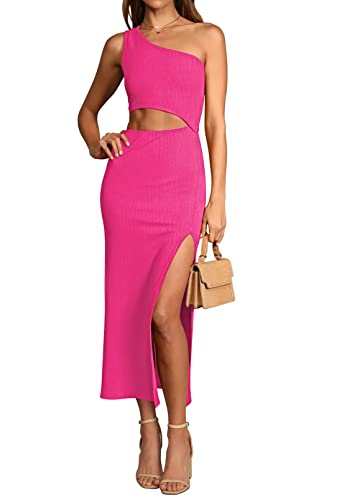 Viottiset Damen Sommer Eine Shoulder Ärmellos Kleider Cut Out Schlitz Freizeit Maxikleid Gerippt Bodycon Rosenrot L von Viottiset