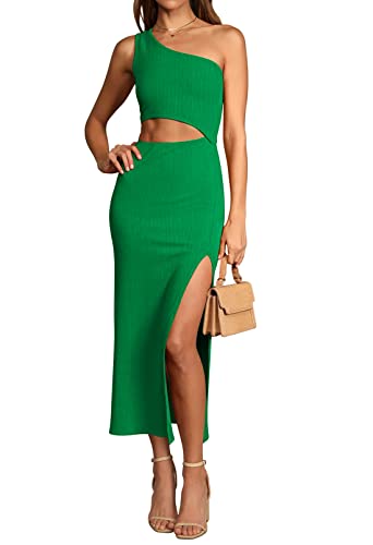 Viottiset Damen Sommer Eine Shoulder Ärmellos Kleider Cut Out Schlitz Freizeit Maxikleid Gerippt Bodycon Smaragdgrün L von Viottiset