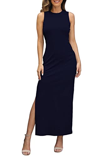 Viottiset Damen Sexy Einfarbig Cocktail Party Kleider Bodycon Schlitz Elegant Einteiliges Ärmellos-Navy Blau Mittel von Viottiset