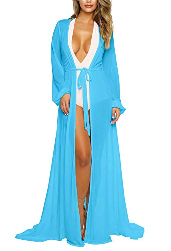 Viottiset Damen Strandkleid Bikini Cover Up Lange Ärmel Sommer Badeanzug Poncho Bademode Strickjacke Ferien Hellblau S von Viottiset