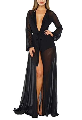 Viottiset Damen Strandkleid Bikini Cover Up Lange Ärmel Sommer Badeanzug Poncho Bademode Strickjacke Ferien Schwarz 2XL von Viottiset