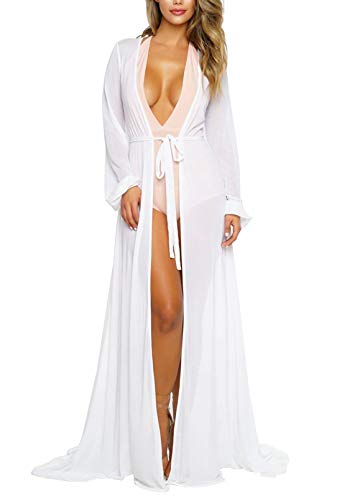 Viottiset Damen Strandkleid Bikini Cover Up Lange Ärmel Sommer Badeanzug Poncho Bademode Strickjacke Ferien Sexy Weiß L von Viottiset