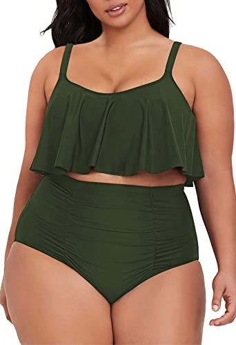 Viottiset Damen Übergröße 2-Teiliges Tankini-Set Bauchkontrolle Rüschen Geraffte Badeanzüge Crop-Top Bikini Armeegrün 2XL von Viottiset