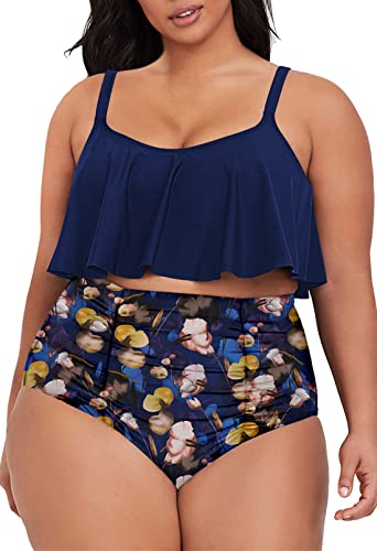 Viottiset Damen Übergröße 2-Teiliges Tankini-Set Bauchkontrolle Rüschen Geraffte Badeanzüge Crop-Top Bikini Blau 2XL von Viottiset