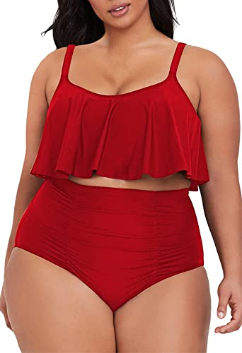 Viottiset Damen Übergröße 2-Teiliges Tankini-Set Bauchkontrolle Rüschen Geraffte Badeanzüge Crop-Top Bikini Rot 2XL von Viottiset