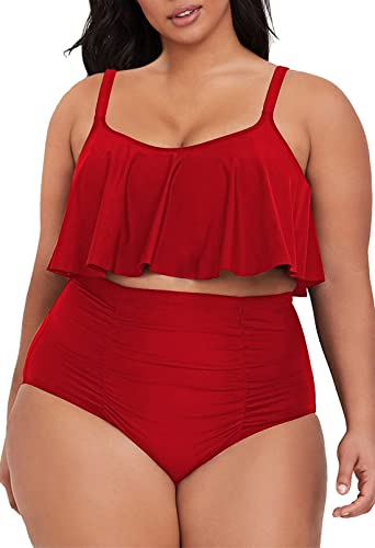 Viottiset Damen Übergröße 2-Teiliges Tankini-Set Bauchkontrolle Rüschen Geraffte Badeanzüge Crop-Top Bikini Rot 3XL von Viottiset