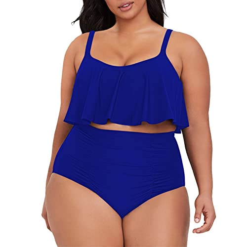 Viottiset Damen Übergröße 2-Teiliges Tankini-Set Bauchkontrolle Rüschen Geraffte Badeanzüge Crop-Top Bikini Saphirblau 2XL von Viottiset