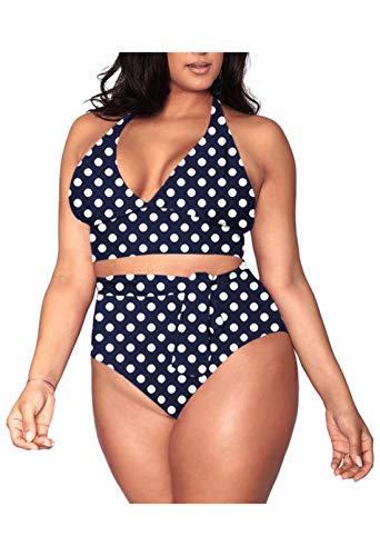 Viottiset Damen Übergröße Strand Zweiteilig Bikini Set Bademode Triangle Hohe Taille Verstellbaren Trägern 01 Marineblau 2XL von Viottiset