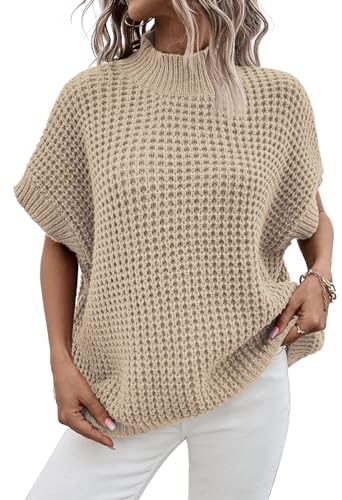 Viottiset Damen Übergroße Kurz Batwing Ärmel Mock Neck Jumpers Tops Herbst Ärmellose Pullover Strickpullover Aprikose L von Viottiset