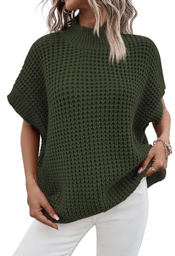 Viottiset Damen Übergroße Kurz Batwing Ärmel Mock Neck Jumpers Tops Herbst Ärmellose Pullover Strickpullover Grün M von Viottiset