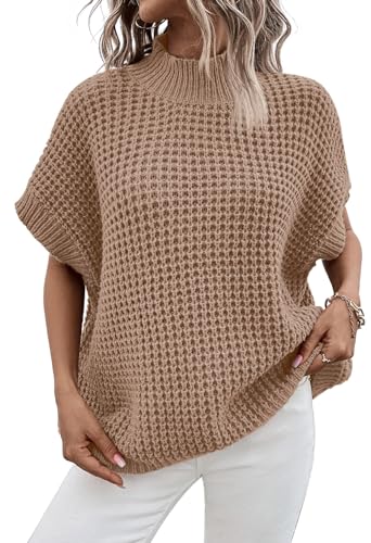 Viottiset Damen Übergroße Kurz Batwing Ärmel Mock Neck Jumpers Tops Herbst Ärmellose Pullover Strickpullover Khaki M von Viottiset