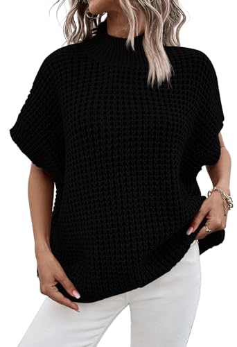Viottiset Damen Übergroße Kurz Batwing Ärmel Mock Neck Jumpers Tops Herbst Ärmellose Pullover Strickpullover Schwarz XL von Viottiset