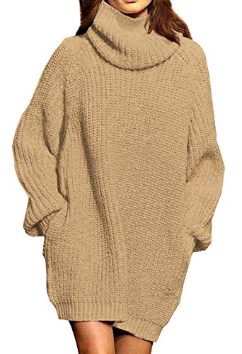 Viottiset Damen Übergroßes Langarm Mini Pullover Kleid Rollkragen Gerippt Grobstrick Gestrickt Winter Oversize Aprikose L von Viottiset