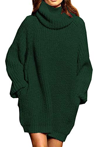 Viottiset Damen Übergroßes Langarm Mini Pulloverkleid Rollkragen Gerippt Grobstrick Gestrickt Pullover 02 Dunkelgrün XL von Viottiset