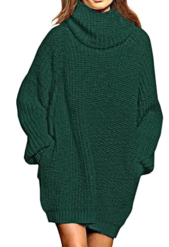 Viottiset Damen Übergroßes Pulloverkleid Langarm Rollkragen Mini Pullover Gerippt Oversize Wollkleid Winter Dunkelgrün L von Viottiset