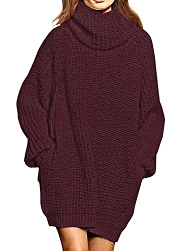 Viottiset Damen Übergroßes Pulloverkleid Langarm Rollkragen Mini Pullover Gerippt Oversize Wollkleid Winter Dunkelrot S von Viottiset