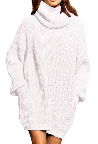 Viottiset Damen Übergroßes Pulloverkleid Langarm Rollkragen Mini Pullover Gerippt Oversize Wollkleid Winter Weiß L von Viottiset